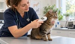 Dierenarts scant met een chipscanner de nek van een cyperse kat