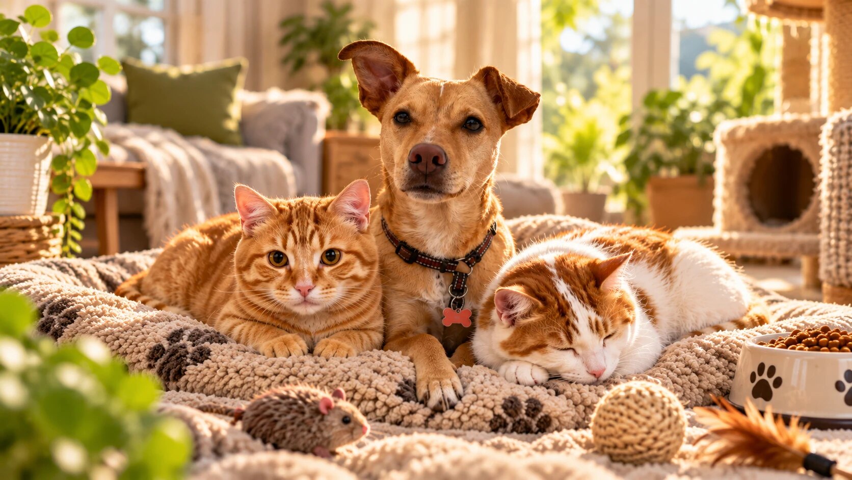 Een hond en twee katten liggen samen op een kussen, met speeltjes en een voerbak