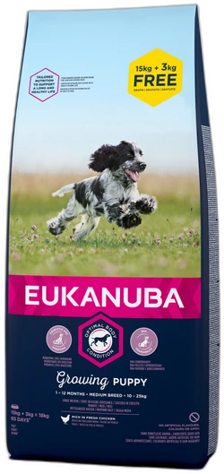 Eukanuba 15 kg + 3 kg gratis! 18 kg Bonusbag  Hondenvoer - Growing Puppy Medium Breed