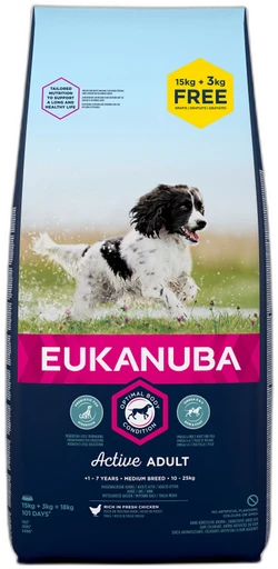 Eukanuba 15 kg + 3 kg gratis! 18 kg Bonusbag  Hondenvoer - Active Adult Medium Breed Kip
