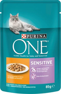 PURINA ONE katten Natvoer, Sensitive met kip en wortels in saus, 85 g