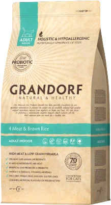 Grandorf 4 Meat & Brown Rice Indoor Adult - 2kg Verpakking Kattenvoer