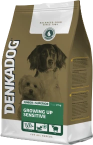 Denkadog Pup & Junior Growing Up Sensitive 2,5 kg Hondenvoer Verpakking
