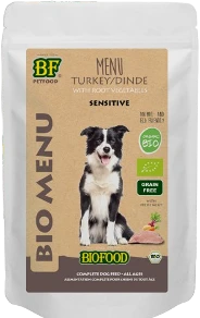 BF Petfood Bio Menu Turkey/Dinde Sensitive 150gr Hondenvoer Verpakking BF Petfood Bio Menu Turkey/Dinde Sensitive 150gr Hondenvoer Verpakking