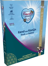 Renske Freshly Steamed Duck & Rabbit 395g Hondenvoer Verpakking
