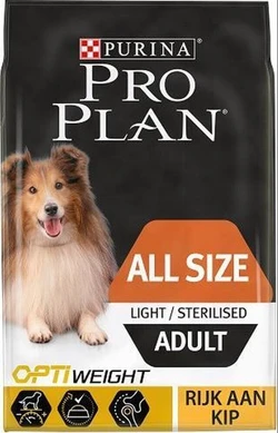 Pro Plan OptiWeight All Sizes Adult Light/Sterilised 10kg Hondenvoer Verpakking