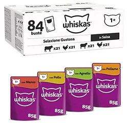 Whiskas Adult 1+ katten natvoer Classic Selectie in Saus, 84 portiezakjes, 84x85g (1 bulkverpakking) - Hoogwaardig katten natvoer, voor volwassen katten
