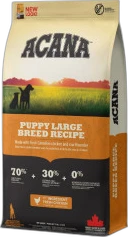 De afbeelding toont verpakking van Acana puppy large breed hondenvoer 11-4 kg met Acana-logo en een oranje receptlabel.