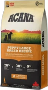 De afbeelding toont verpakking van Acana puppy large breed hondenvoer 11-4 kg met Acana-logo en een oranje receptlabel.