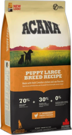 Afbeelding van de Acana hond puppy large breed 17 kilo verpakking met puppy-recept en verse kip.