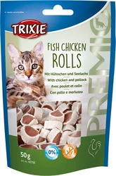 Verpakking van Trixie Premio Fish Chicken Rolls met afbeelding van een kat en zichtbare kip- en visrolletjes