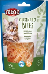 Trixie Premio Chicken Filet Bites kattensnack in kunststof verpakking Verpakking Trixie Premio Chicken Filet Bites 50 g met kattensnuit en venster met kipfiletreepjes