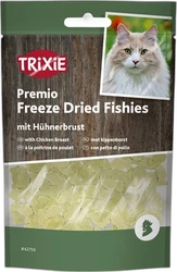 Trixie Premio Freeze Dried Fishies kip - verpakking met kattenbeeld Verpakking Trixie Premio Freeze Dried Fishies kip met zichtbare stukjes vis en kattenfoto op voorkant