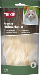 Trixie Premio kippenborst kattenleckers in transparante verpakking Verpakking van Trixie Premio kippenborst kattenvoer met zichtbare gedroogde strips en kattenfoto