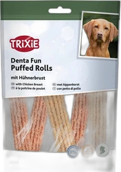 Trixie Denta Fun Puffed Rolls kip - verpakking met hondenfoto en kauwsticks Verpakking van Trixie Denta Fun Puffed Rolls kip met zichtbare roze/witte stokjes en hondenfoto