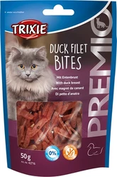 Trixie Premio Duck Filet Bites kattensnack – 50 g zakje met eendenfilet-stukjes Blauw-paars zakje Trixie Premio Duck Filet Bites kattensnack met kattenfoto en venster