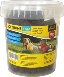 Plastic pot met hondenkauwsnacks 'Soft Bone Lam' en etiketten met hond en kind