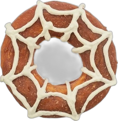 Trixie Halloween hondensnack donut met spinnenwebdecoratie Rond hondensnack-donut met witte spinnenwebdecoratie op zwarte achtergrond