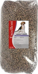 Zakken hondenbrokken 'Excellent Adult Croc' van 15 kg met etiket en hondenillustratie
