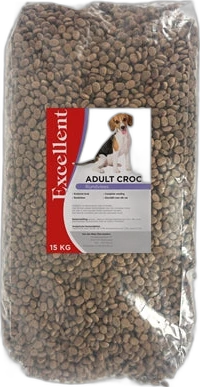 Zakken hondenbrokken 'Excellent Adult Croc' van 15 kg met etiket en hondenillustratie