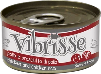 Blik natvoer Vibrisse kip en kippenham van 70 gram met opvallend wit-rood etiket