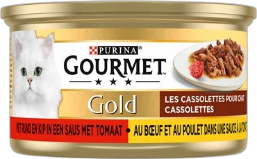 Gourmet Gold cassolettes rund & kip in tomatensaus - blikje kattenvoer Blikje Gourmet Gold kattenvoer met afbeelding van vlees in saus en merklogo