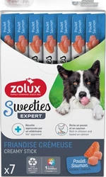 Doos met Zolux Sweeties Creamy Stick hondensnacks, afbeelding van bordercollie en zeven tubes zichtbaar