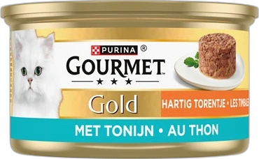 Gourmet Gold hartig torentje tonijn kattenvoer blikje Blikje Gourmet Gold kattenvoer met tonijn etiket en afbeelding van kat en torentje