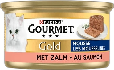 Blikje Gourmet Gold kattenvoer mousse met afbeelding van een witte kat en zalmstukje op het etiket