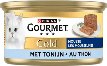 Gourmet Gold mousse kattenvoer met tonijn in klein blikje Blik Gourmet Gold kattenvoer mousse met tonijn en afbeelding van een witte kat op het etiket