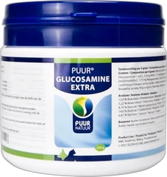 Puur Natuur Glucosamine Extra pot voor hond en kat Witte kunststof pot met blauwe deksel en etiket van Puur Natuur Glucosamine Extra voor hond en kat