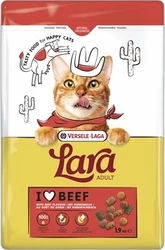 Voorzijde van een honden-/kattenvoerpak met een oranje kat in cowboystijl en tekst 'Lara Adult 1,9 kg'.