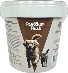 Utopia Psyllium Husk supplement voor hond en kat in witte pot Witte plastic pot met bruine etiket waarop een hond en kat lopen, productnaam Psyllium Husk zichtbaar