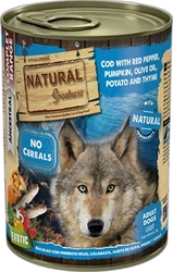 Blik hondenvoer Natural Greatness met afbeelding van een wolf en productbeschrijving