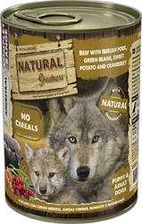 Blik hondenvoer met wolvenkoppen, Natural Greatness label en ingrediëntenillustraties