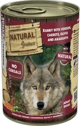 Blik hondennatvoer met label 'Natural Greatness' en afbeelding van een wolf en ingrediënten