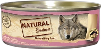 Blik Natural Greatness hondennatvoer met tonijn en garnalen, roze etiket en wolvenkop