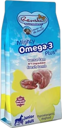 Zak Renske Mighty Omega-3 Plus hondenvoer met verse lam-afbeelding Zak blauwe hondenbrokken Mighty Omega-3 Plus met afbeelding van lam en gele vleugelillustratie