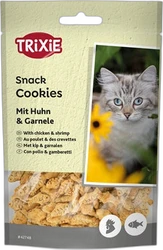 Zak Trixie kattensnacks Cookies Kip & Garnalen met foto van een grijze kat en transparant venster met koekjes