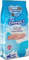 Blauwe zak Renske Mighty Omega-3 Plus hondenvoer met afbeelding van kipfilet en merklogo