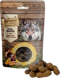 Natural Greatness Oven Baked Digestive Support Mini hondensnacks met wolfontwerp Verpakking Natural Greatness hondensnacks met wolfafbeelding en enkele bruine biscuits naast de zak