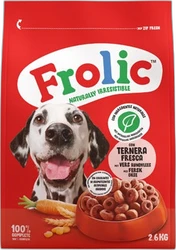 Frolic Complet Beef hondvoerzak 2,6 kg met dalmatiër en voerbak Zak Frolic Complet Beef 2,6 kg met dalmatiër en voerbak op rode achtergrond