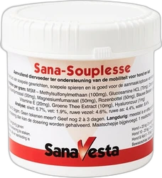 Wit kunststof potje met rood-wit etiket van Sanavesta Sana-Souplesse supplement voor honden