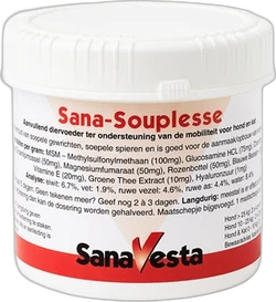 Wit kunststof potje met rood-wit etiket van Sanavesta Sana-Souplesse supplement voor honden