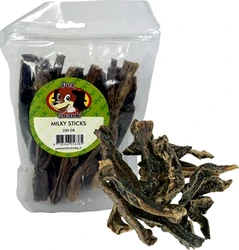 Transparante zak met Petsnack Milky Sticks hondensnacks en losse bruine gedraaide sticks ernaast