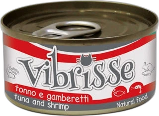 Blik Vibrisse natvoer tonijn & garnalen Blik natvoer Vibrisse tonijn en garnalen van 70 gram met rood-wit etiket en merknaam zichtbaar