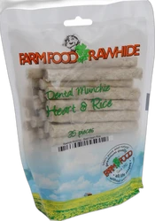 Verpakking Farm Food Rawhide Dental Munchie Heart & Rice met 35 witte kauwsticks zichtbaar