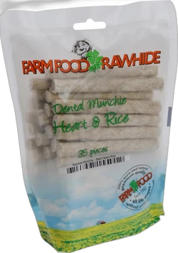 Verpakking Farm Food Rawhide Dental Munchie Heart & Rice met 35 witte kauwsticks zichtbaar