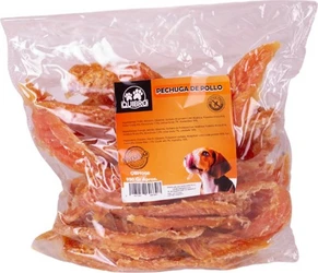 Transparante zak met Quibro hondensnacks kipfilet en oranje etiket, zichtbare gedroogde kipstrips