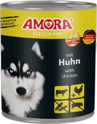 Blik hondenvoer Amora Fleisch Pur met afbeelding van een husky en tekst 'mit Huhn'.